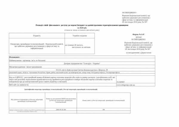 ЗВІТНІСТЬ РОЗПОДІЛУ ЛІНІЙ МЕРЕЖІ ІНТЕРНЕТ ЗА 2020 р.